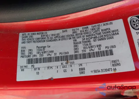 2014 Ford Fiesta Se from USA, damaged, VIN 3FADP4BJ3EM233858
